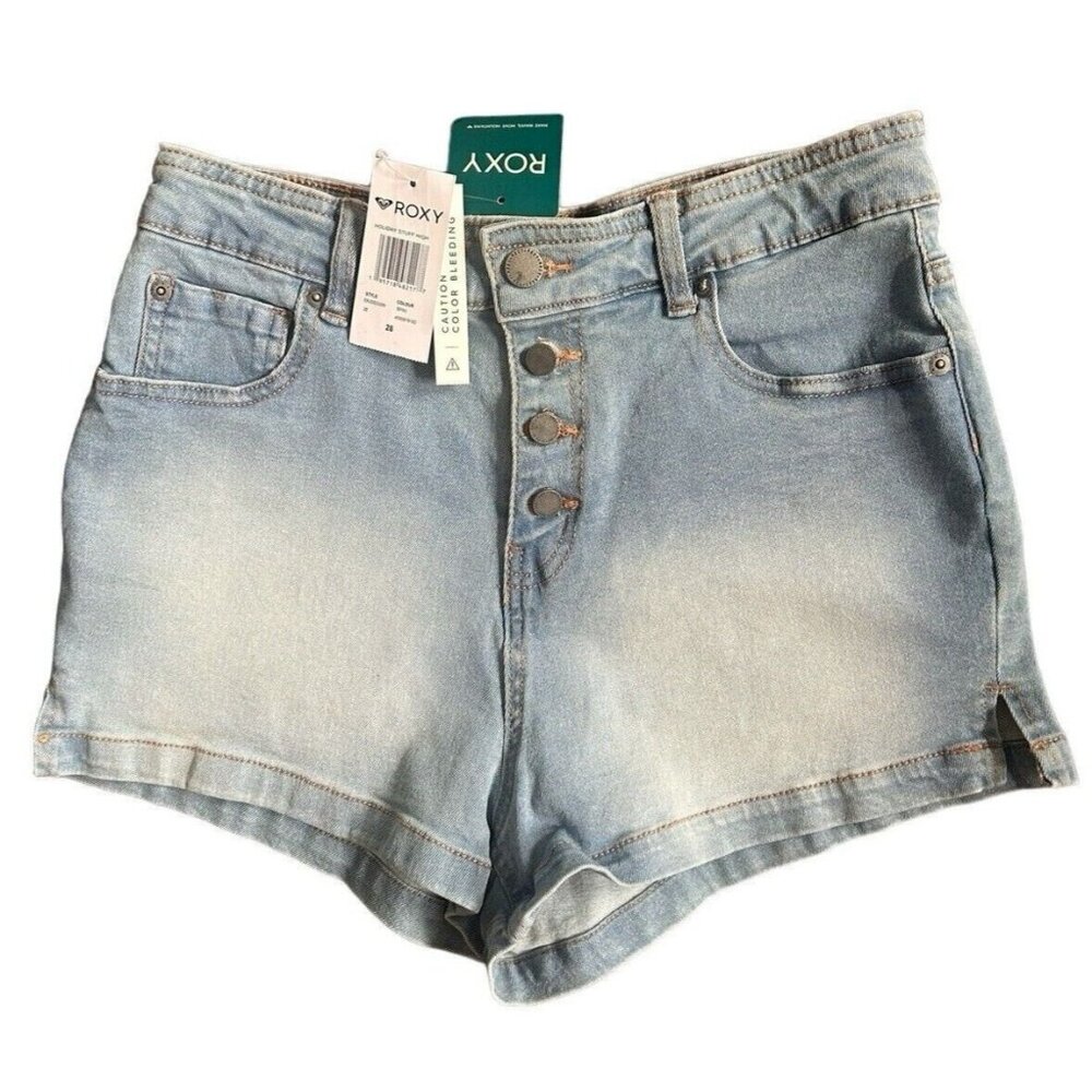 Roxy Women's High-Rise Stretch Button Fly Light Denim Slits Shorts Size 28